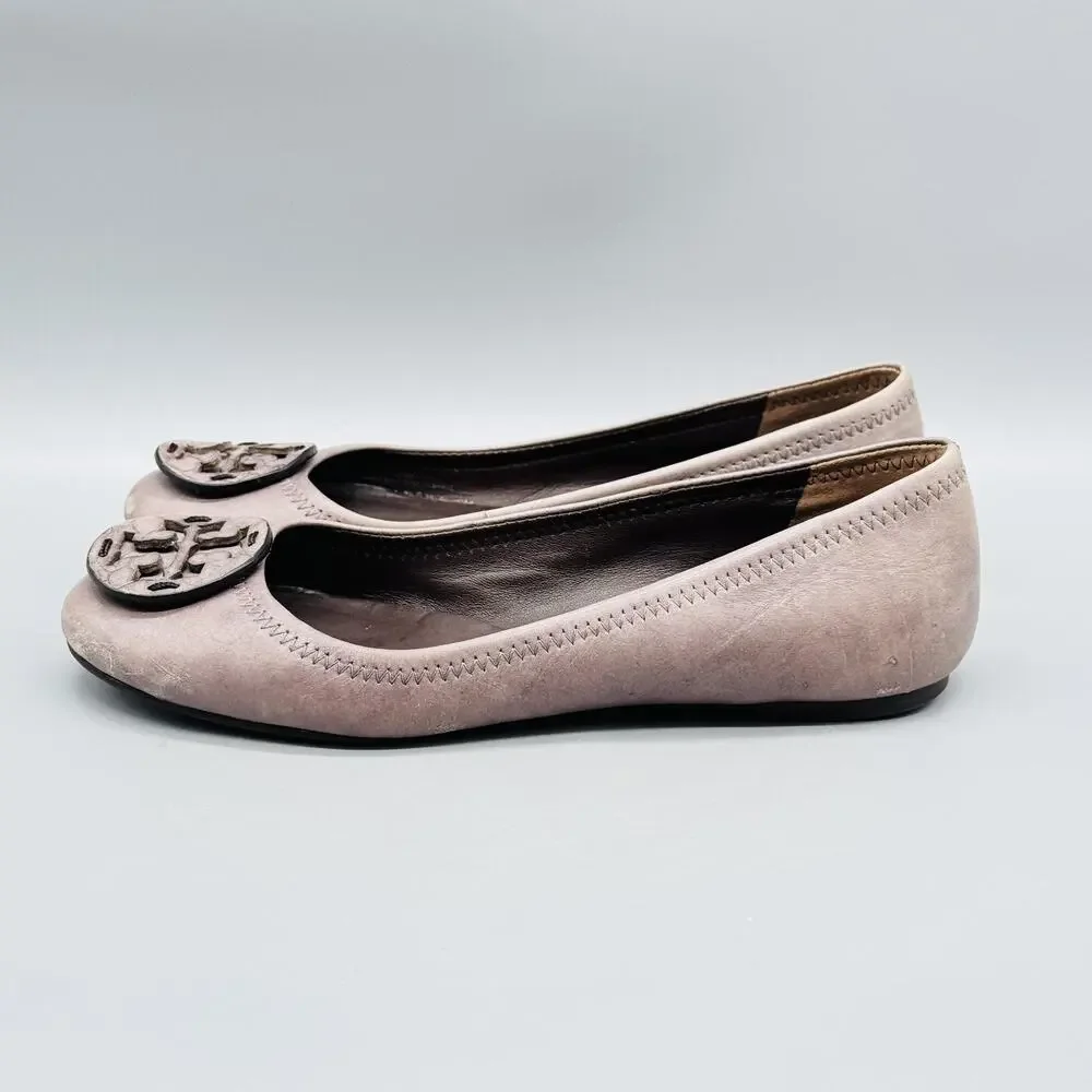 Tory Burch Shoes Womens 6 Gray Leather Slip On Ballet Flats Logo Medallion
